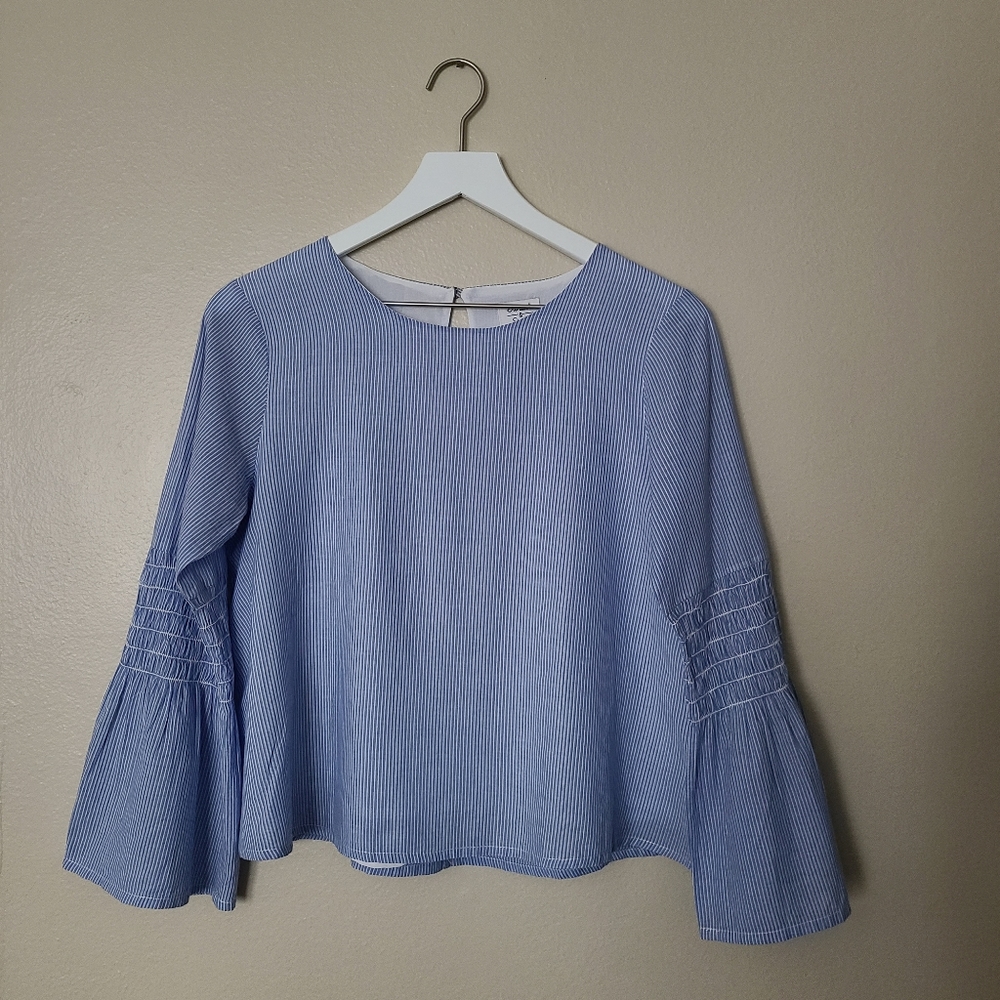 Blue and White Bell Sleeve Striped Top